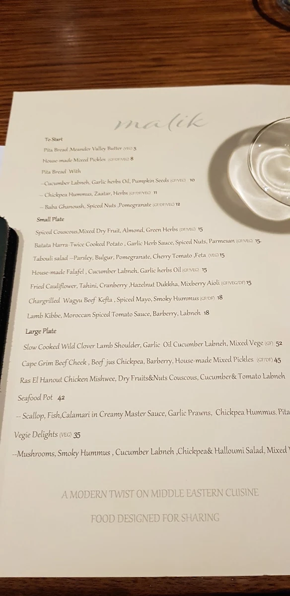 Menu, Malik Restaurant