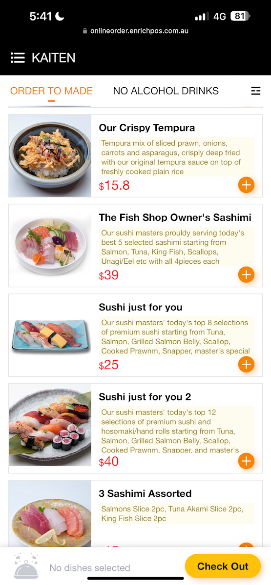 Menu, Kaiten Sushi
