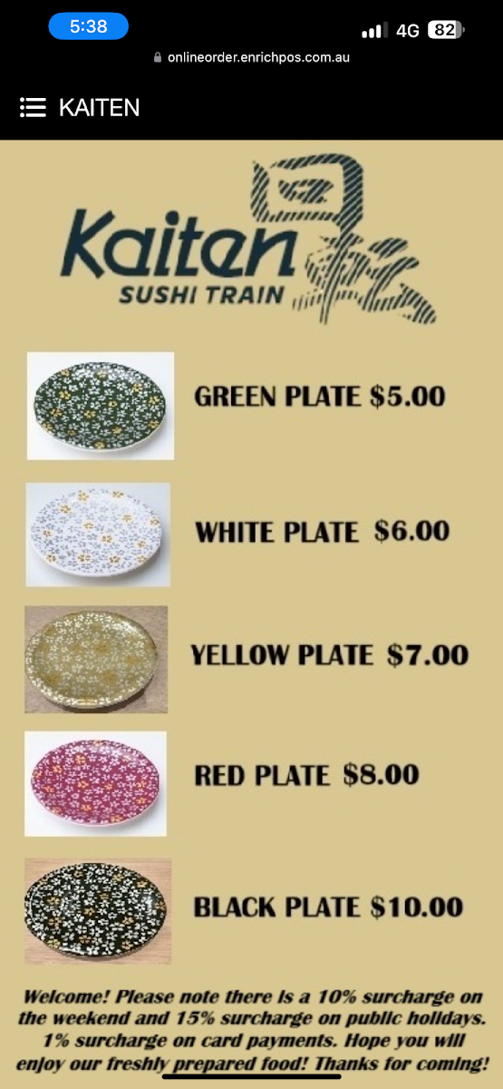 Menu, Kaiten Sushi