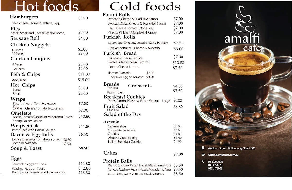 Menu, Amalfi Cafe and Coffee