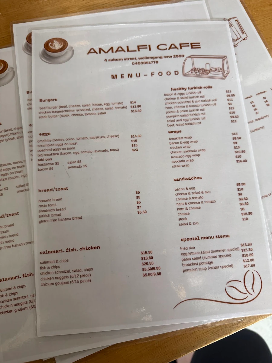 Menu, Amalfi Cafe and Coffee