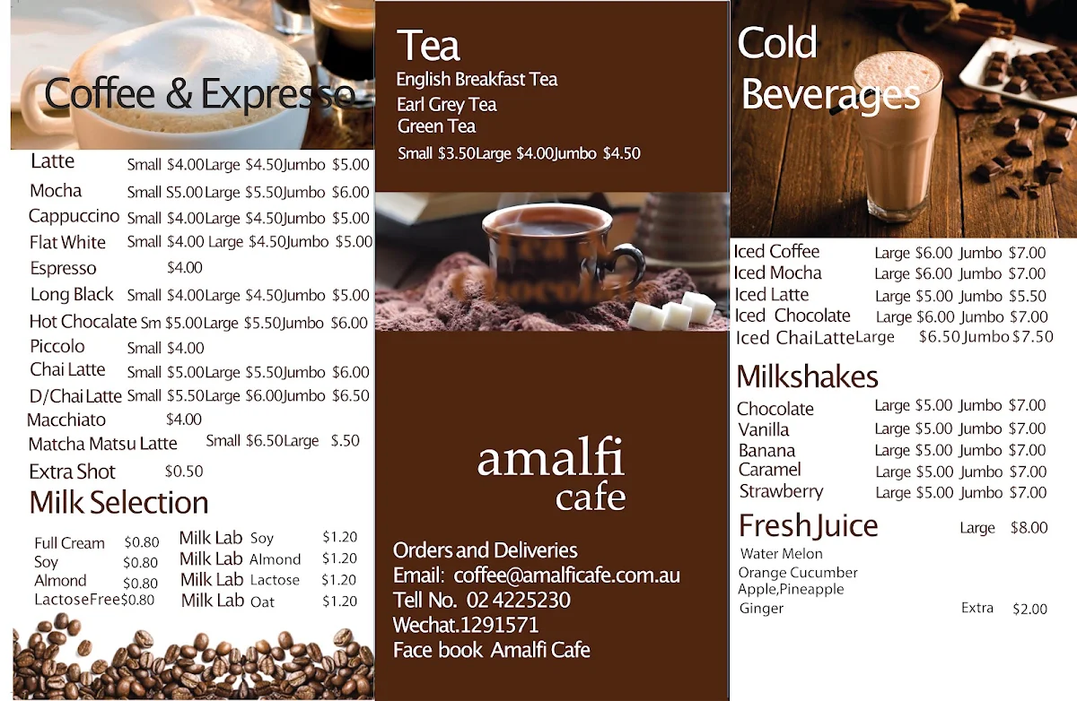 Menu, Amalfi Cafe and Coffee