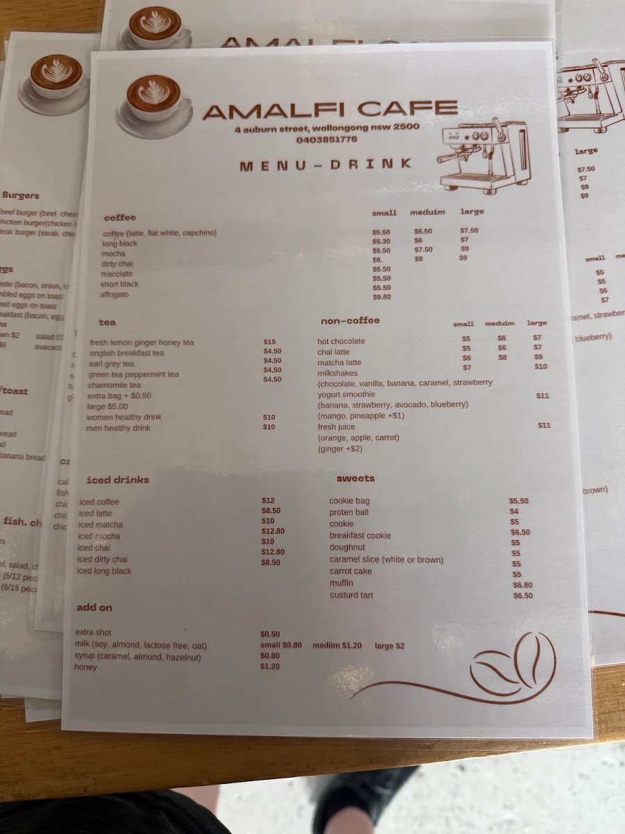 Menu, Amalfi Cafe and Coffee