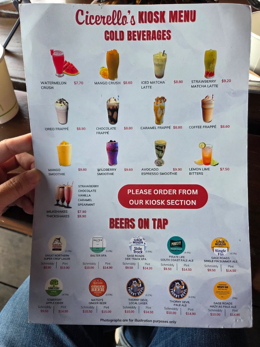 Menu, Cicerello's Fremantle