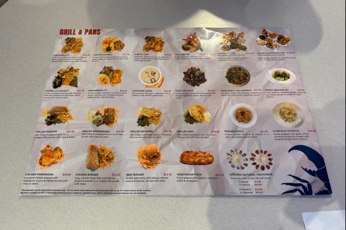Menu, Cicerello's Fremantle