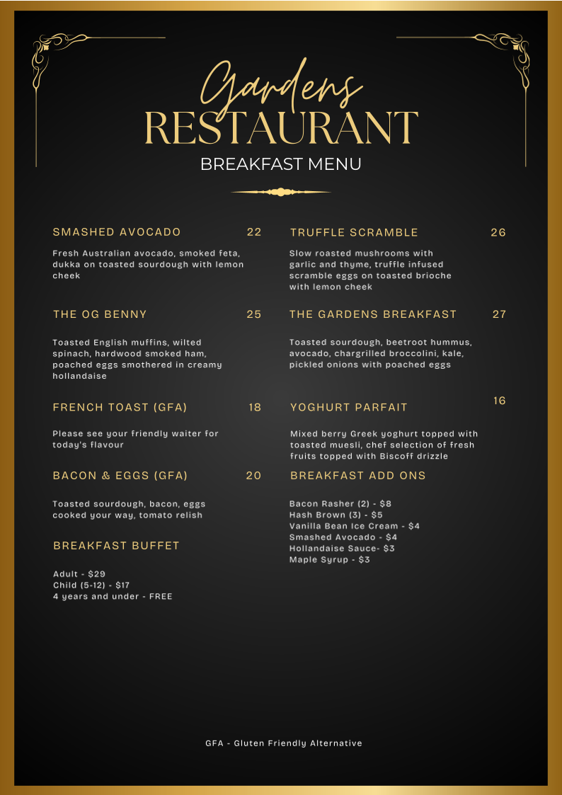 Menu, Gardens Restaurant