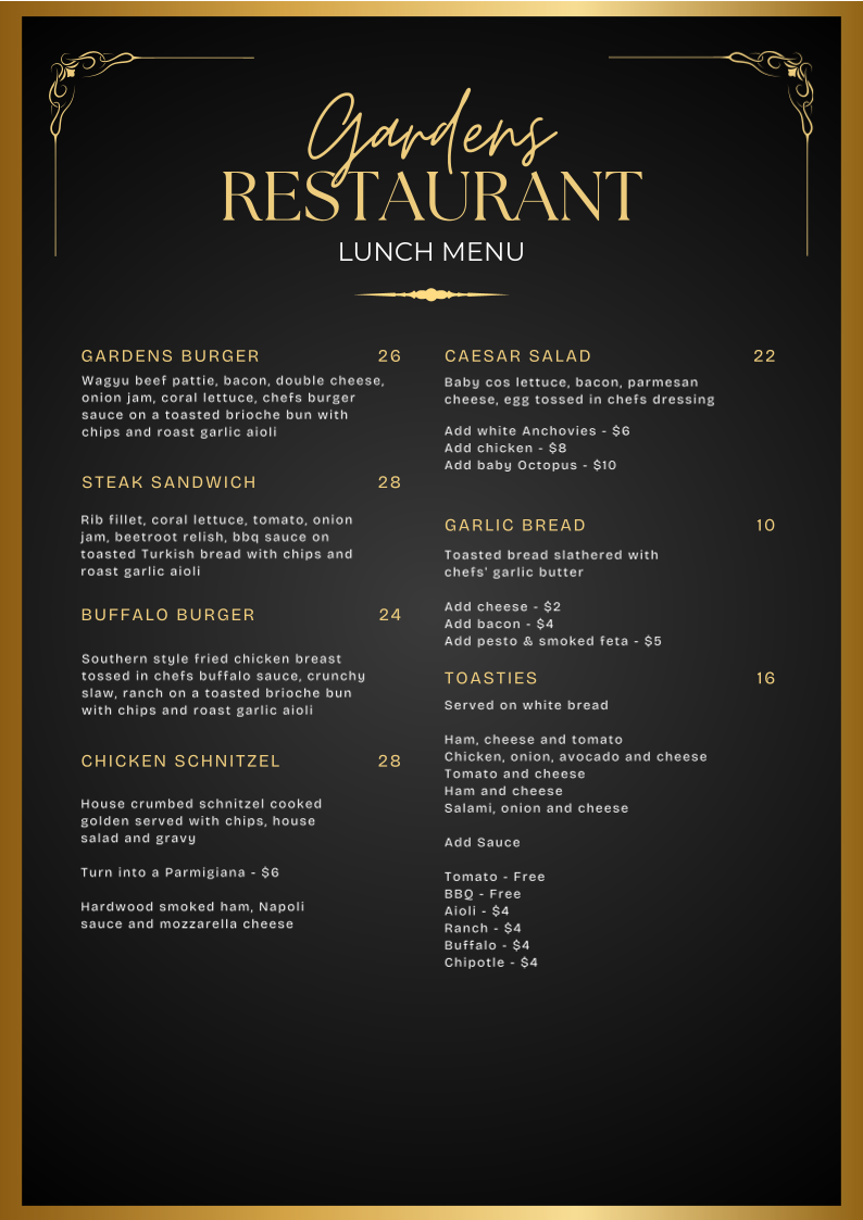 Menu, Gardens Restaurant