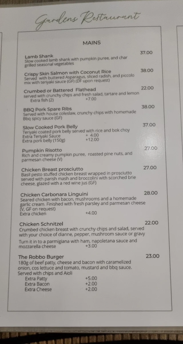 Menu, Gardens Restaurant