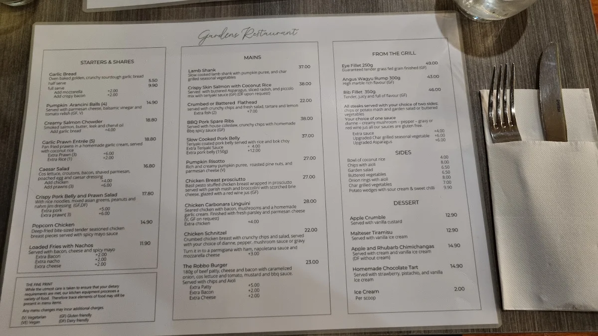 Menu, Gardens Restaurant