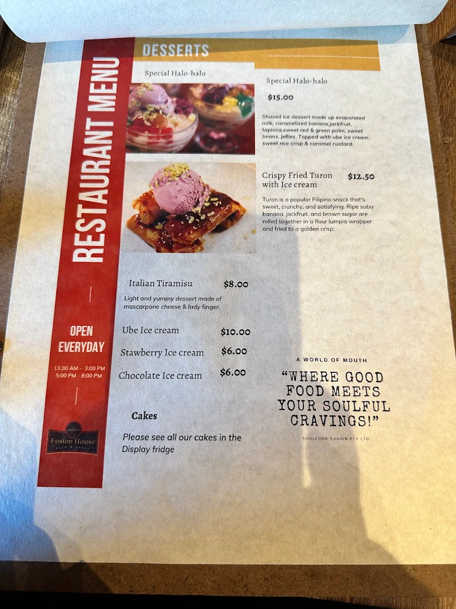 Menu, SoulFood Fusion House Cafe & Restaurant