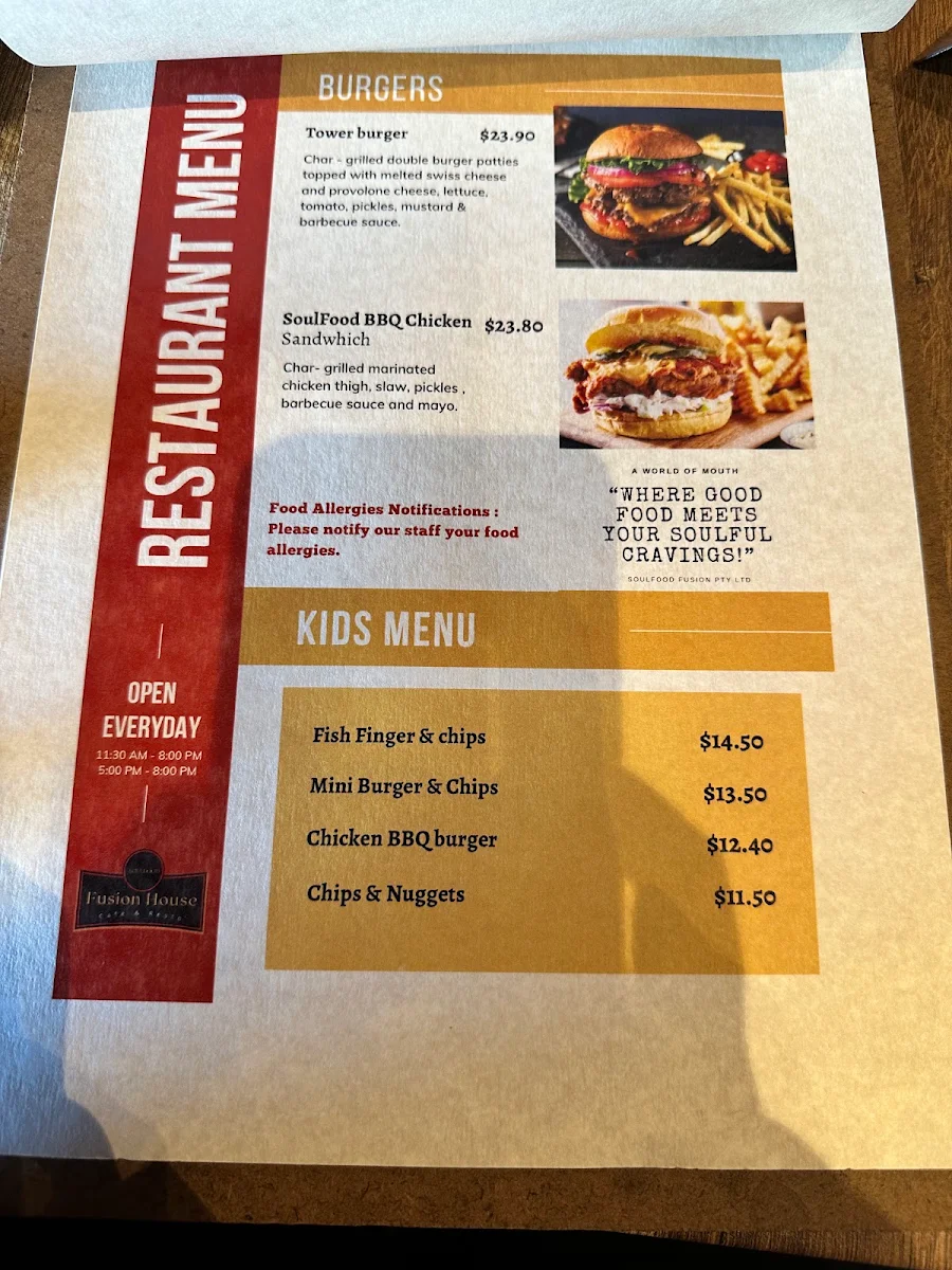 Menu, SoulFood Fusion House Cafe & Restaurant