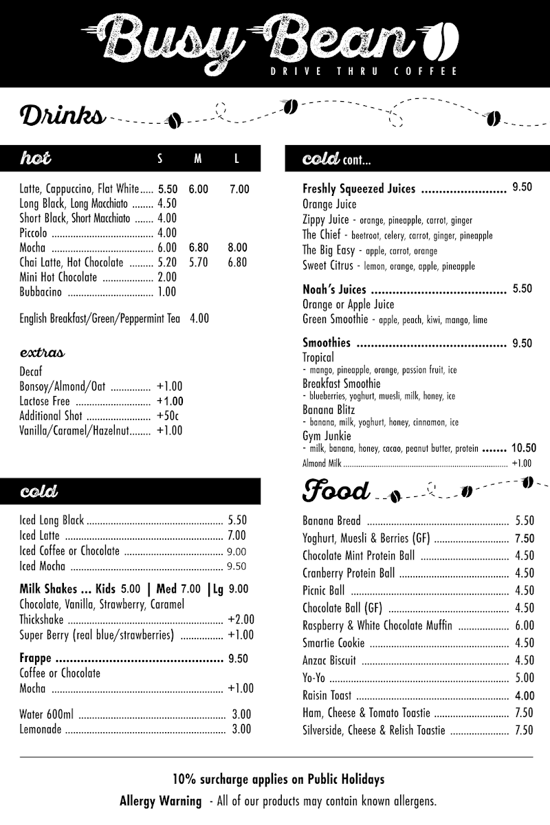 Menu, Busy Bean Drive Thru Coffee Shepparton
