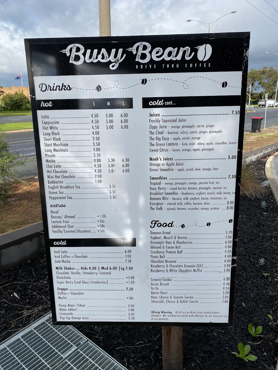 Menu, Busy Bean Drive Thru Coffee Shepparton