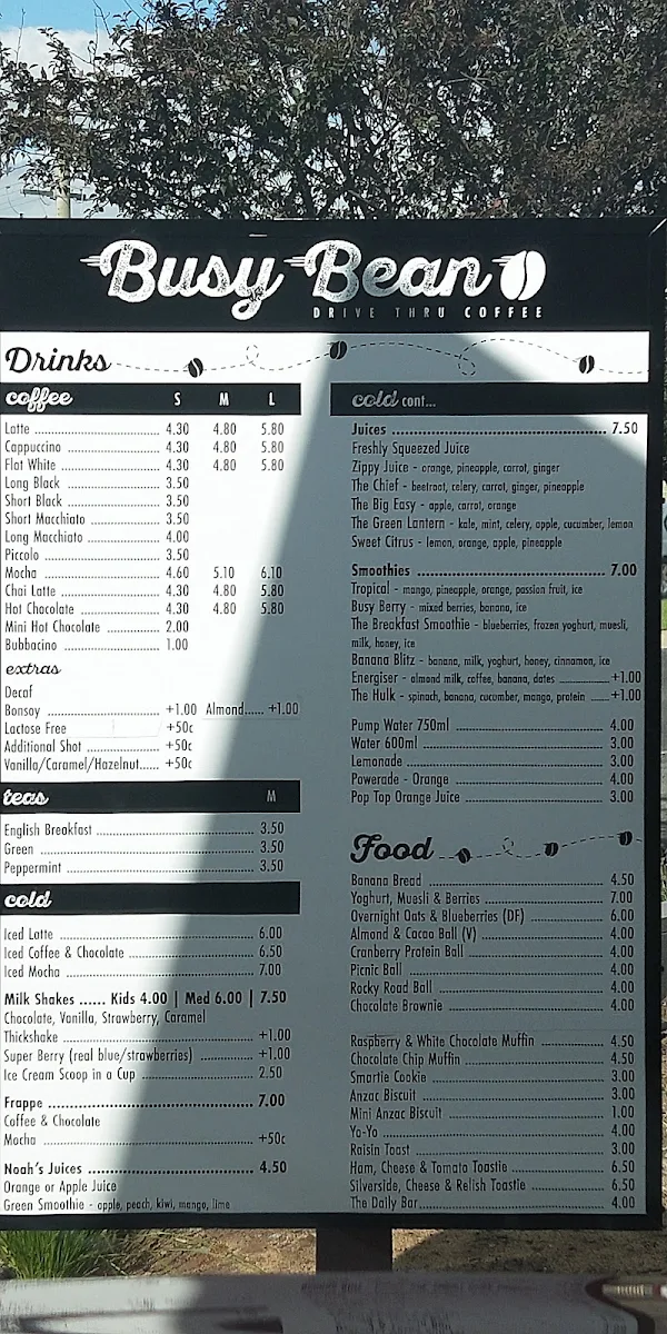 Menu, Busy Bean Drive Thru Coffee Shepparton