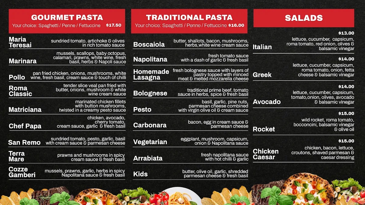 Menu, Papa Roma Pizzeria - Bondi Beach