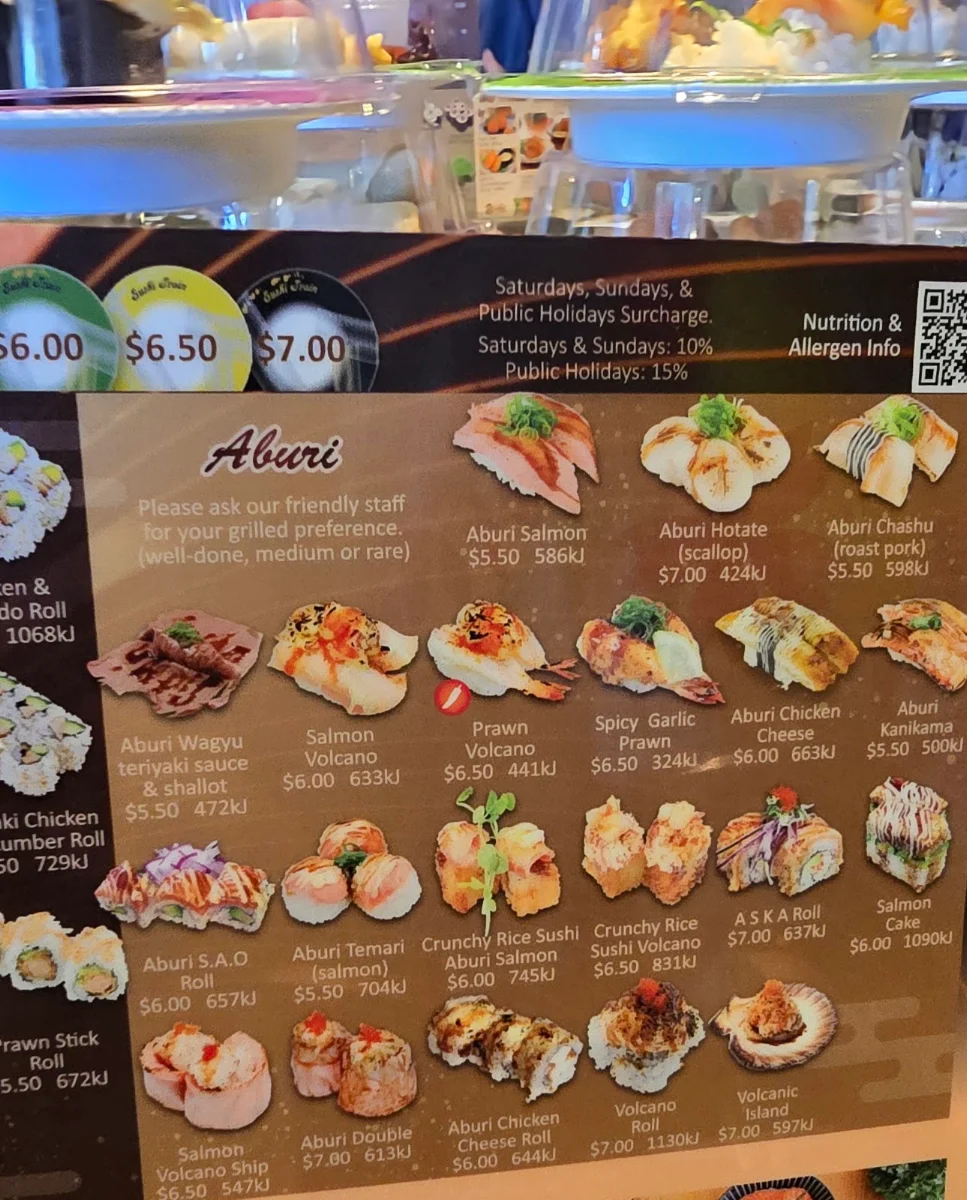 Menu, Sushi Train Rosebery