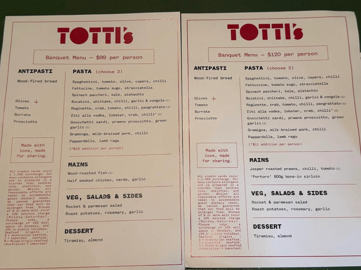 Menu, Totti's Rozelle