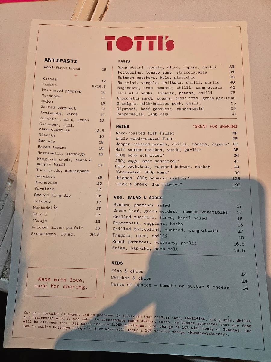 Menu, Totti's Rozelle