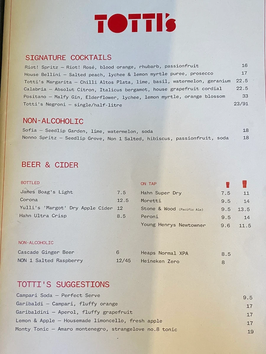 Menu, Totti's Rozelle