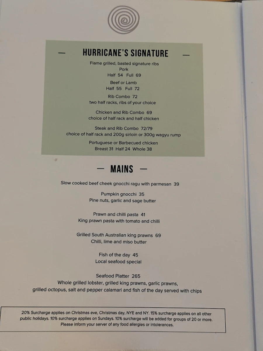 Menu, Hurricane's Grill & Bar Surfers Paradise