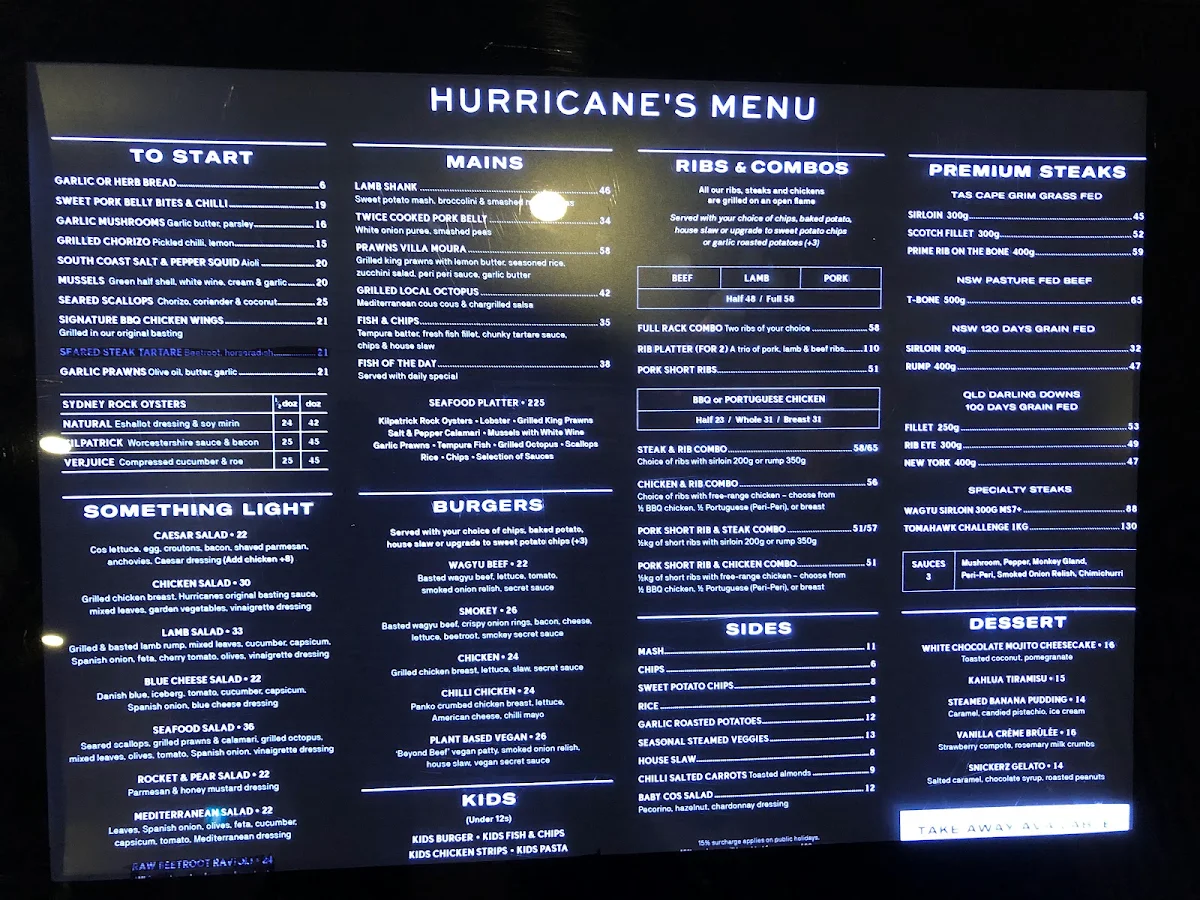 Menu, Hurricane's Grill & Bar Surfers Paradise