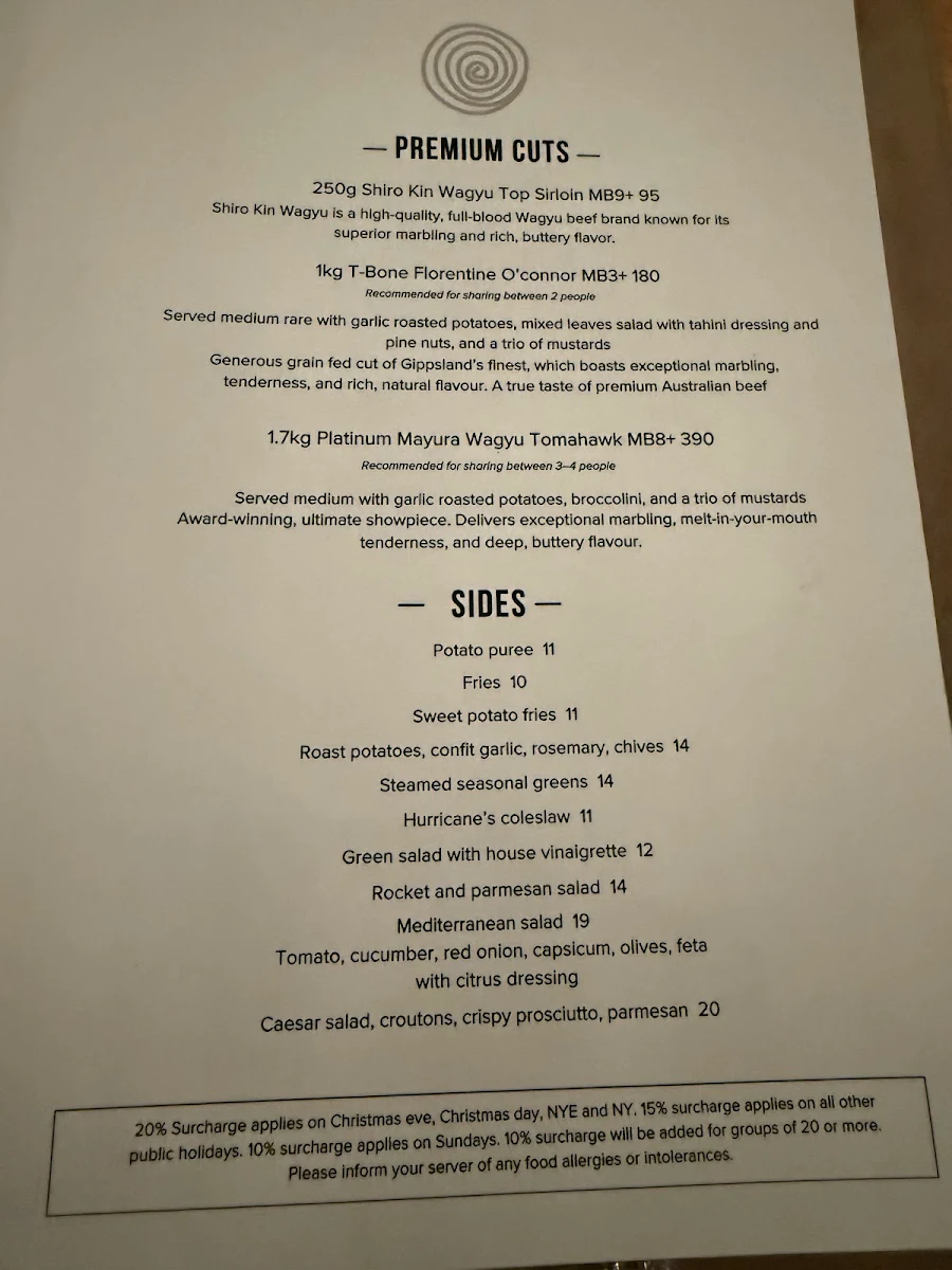 Menu, Hurricane's Grill & Bar Surfers Paradise
