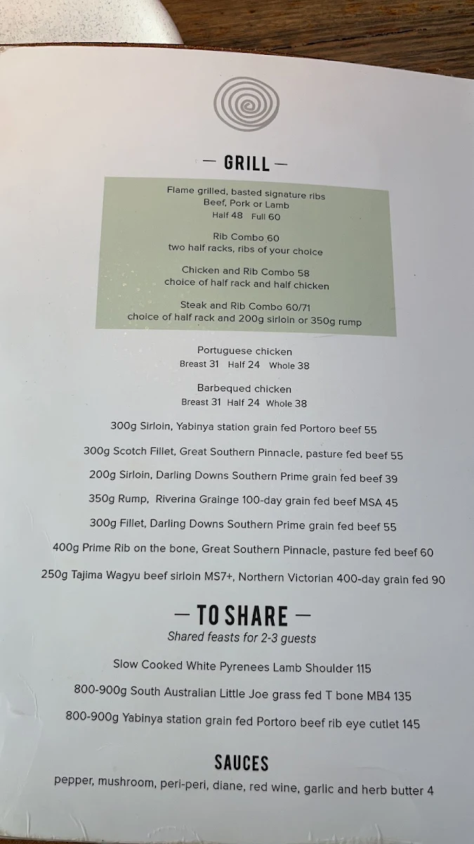 Menu, Hurricane's Grill & Bar Surfers Paradise