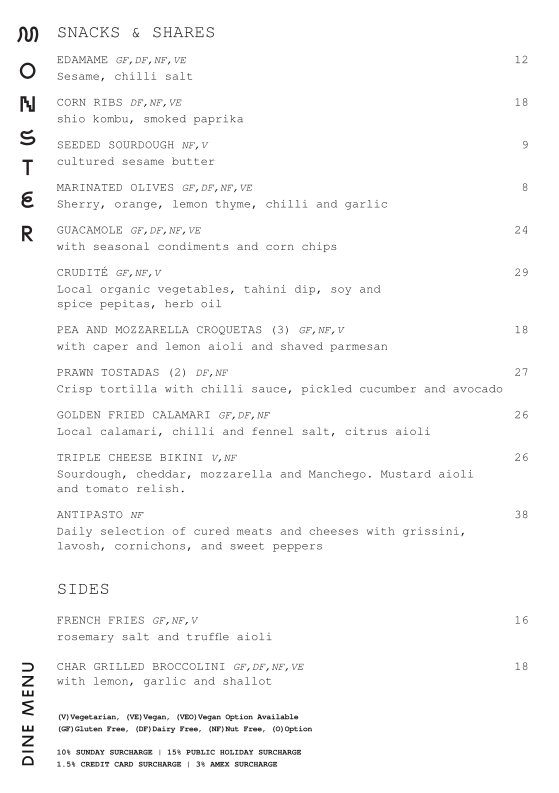Menu, Monster Kitchen and Bar
