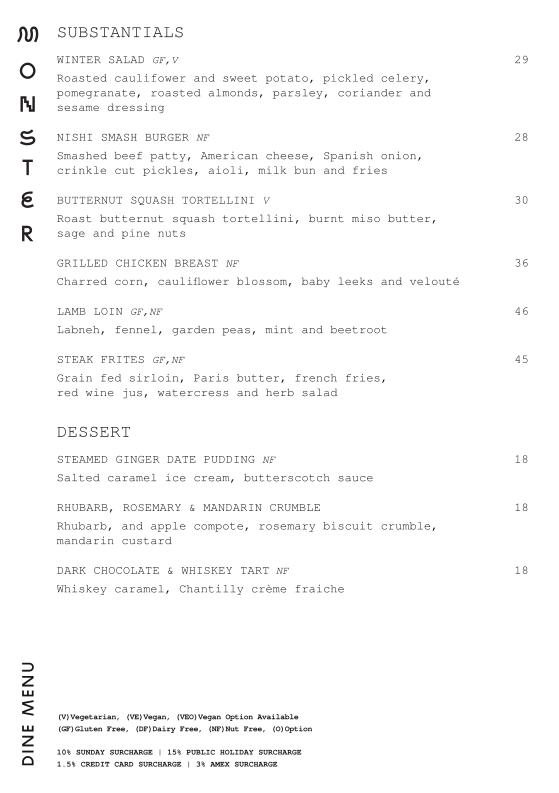 Menu, Monster Kitchen and Bar
