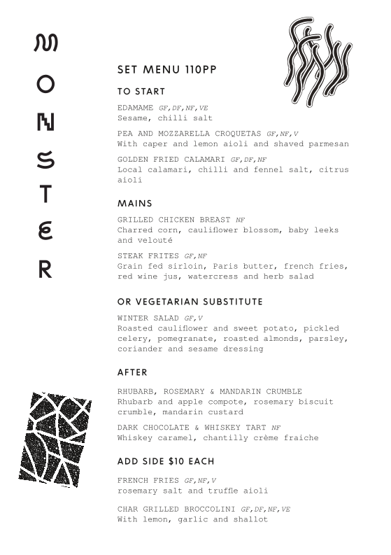 Menu, Monster Kitchen and Bar