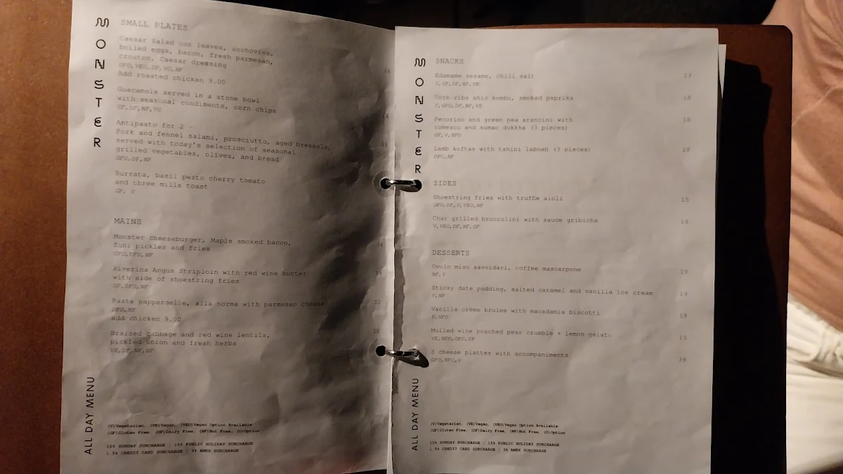Menu, Monster Kitchen and Bar