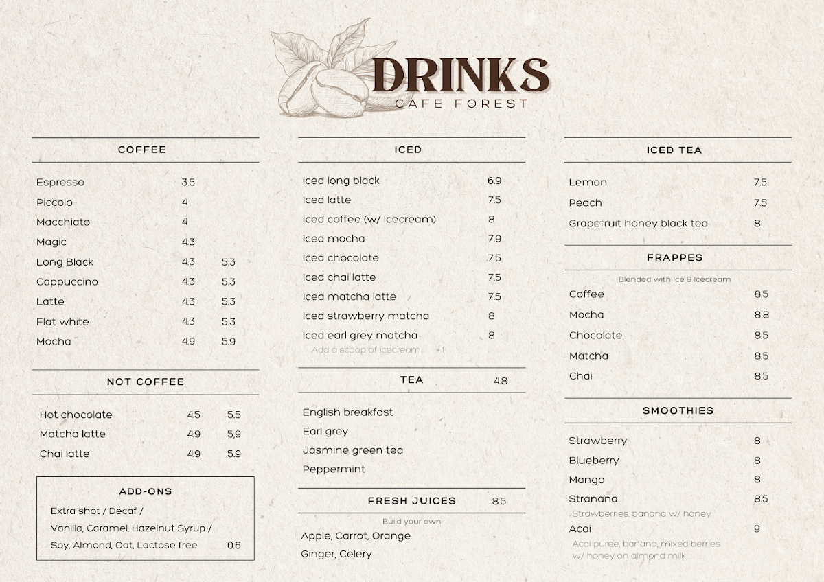 Menu, Cafe Forest