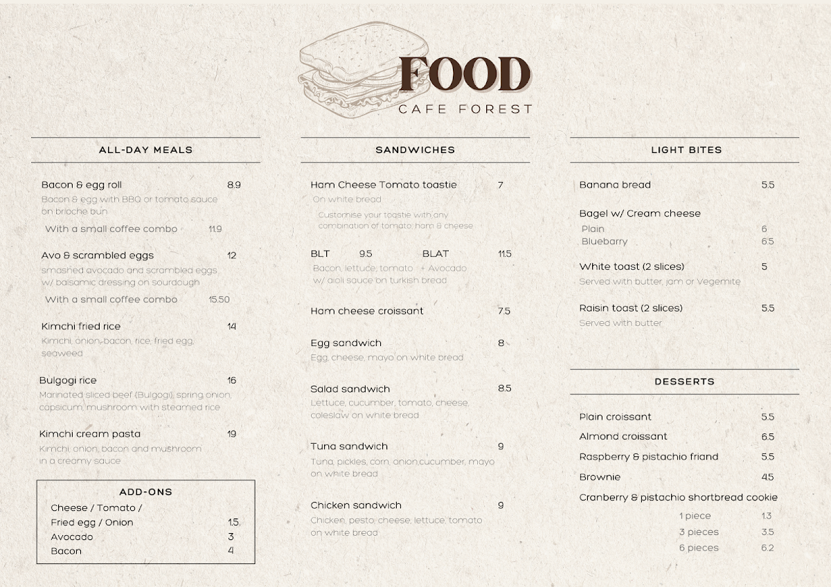 Menu, Cafe Forest