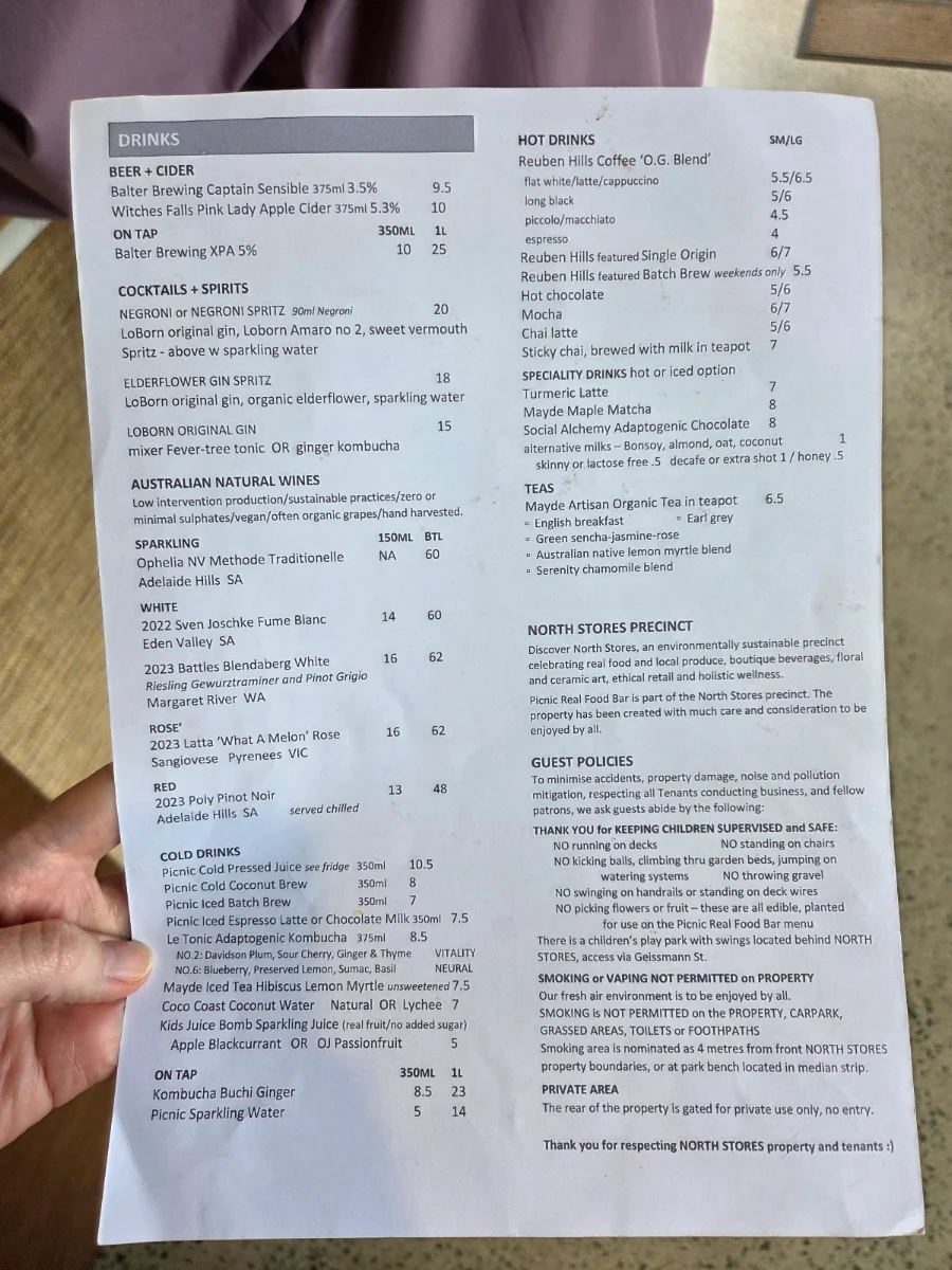 Menu, Picnic Real Food Bar