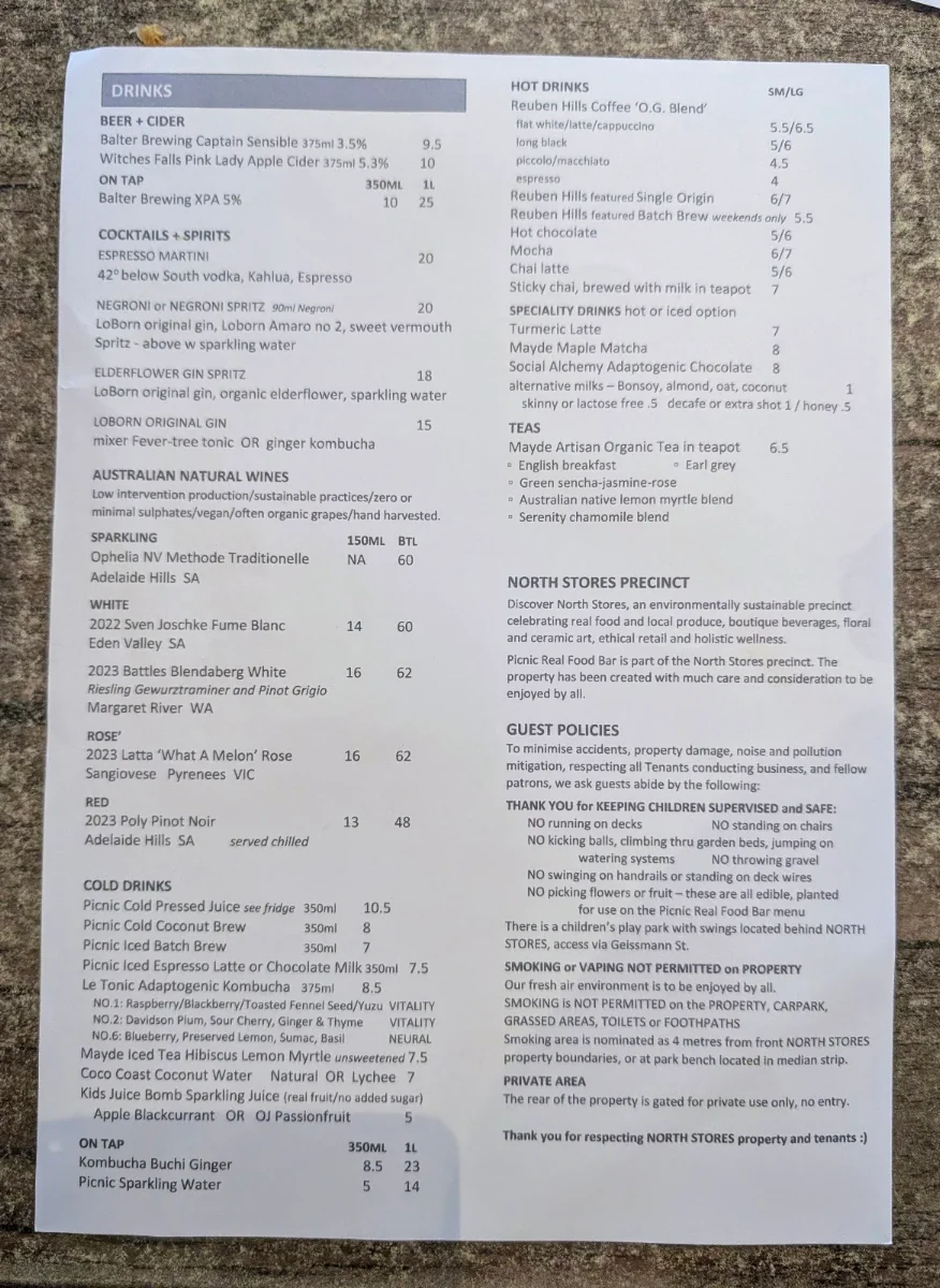 Menu, Picnic Real Food Bar