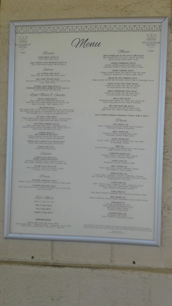 Menu, Kalgoorlie Hotel