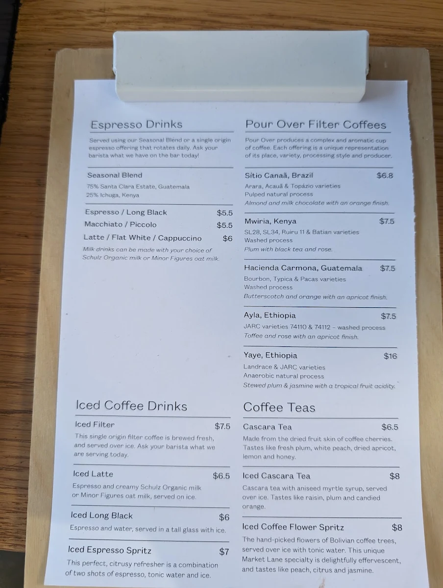 Menu, Market Lane Coffee - Victoria St, Queen Victoria Market