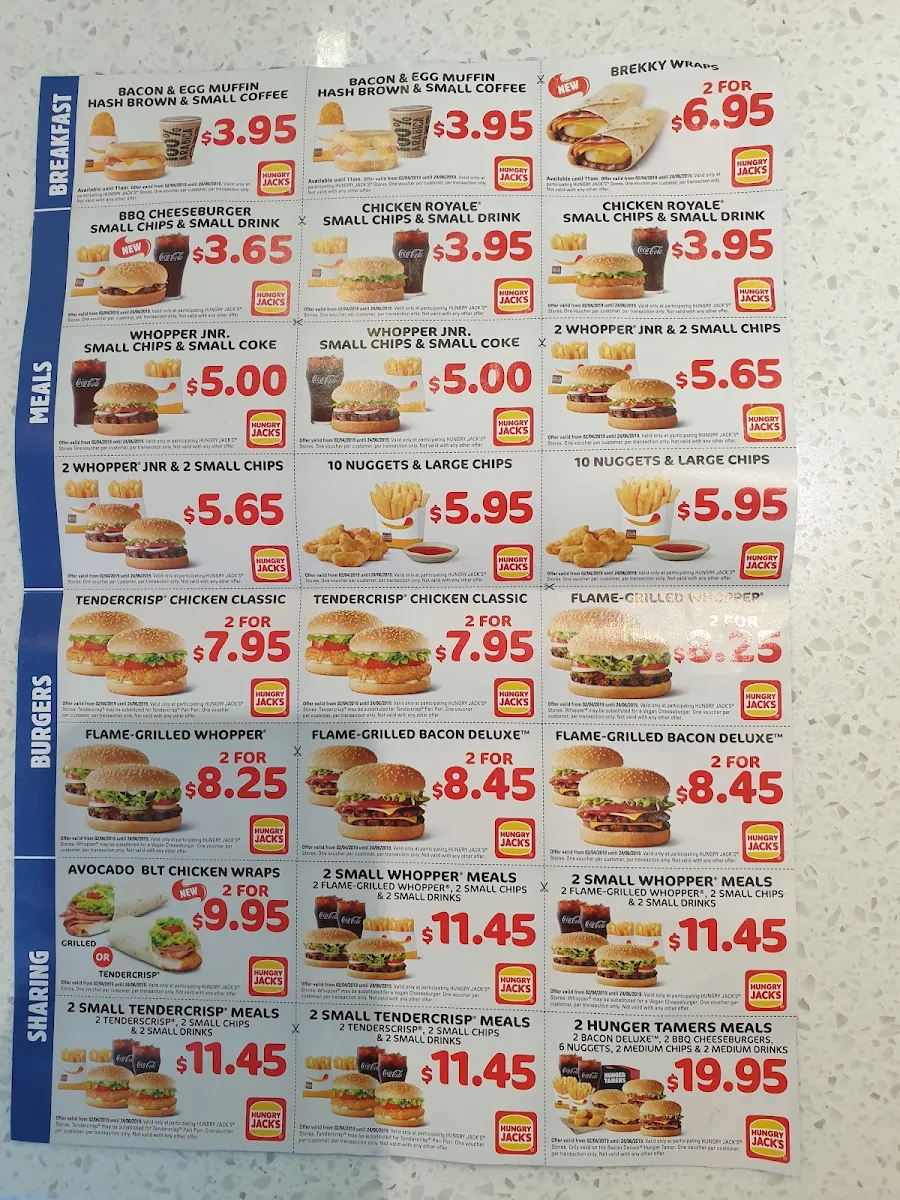 Menu, Hungry Jack's Burgers Tarneit