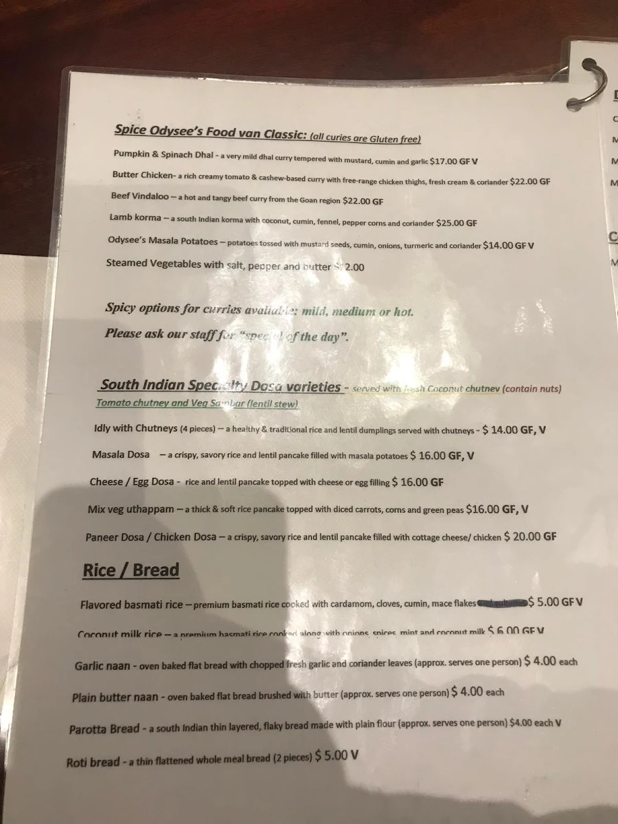 Menu, Spice Odysee - The Hidden Kitchen Indian Restaurant