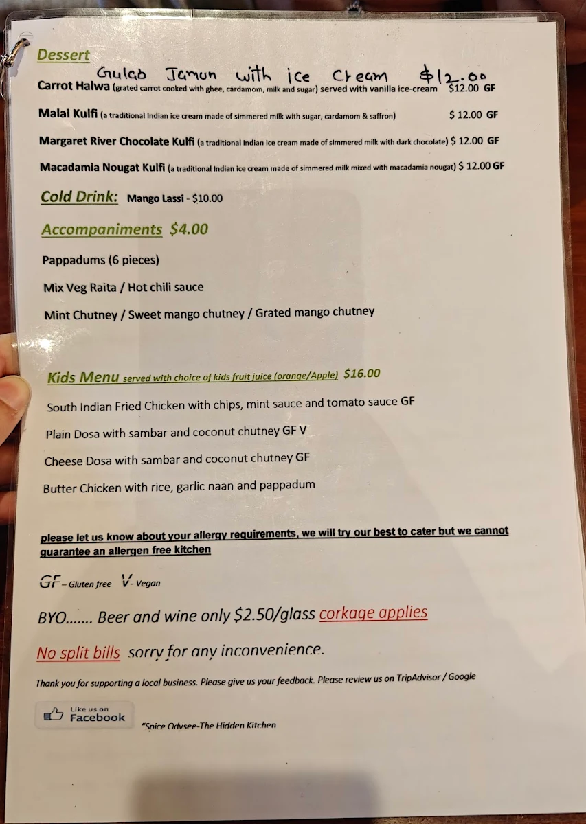 Menu, Spice Odysee - The Hidden Kitchen Indian Restaurant