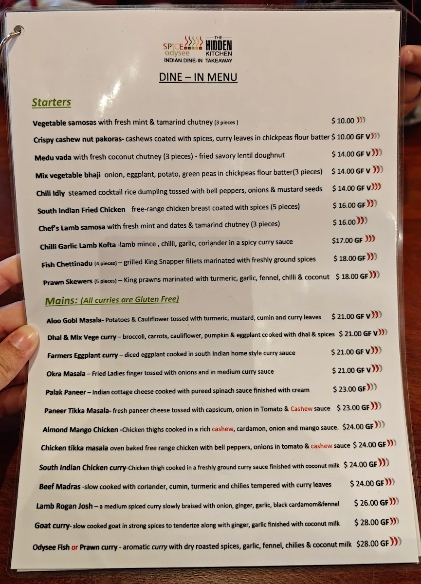 Menu, Spice Odysee - The Hidden Kitchen Indian Restaurant
