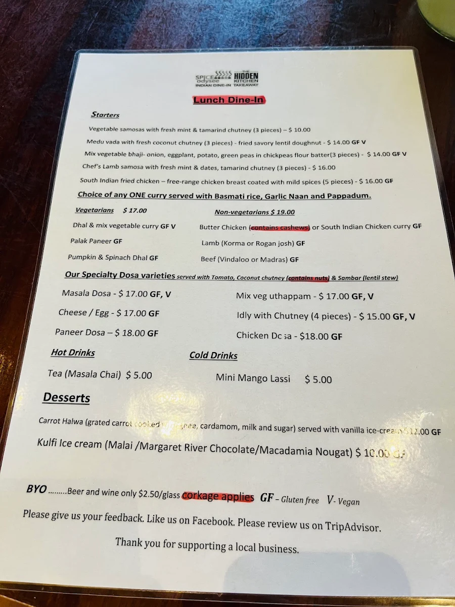 Menu, Spice Odysee - The Hidden Kitchen Indian Restaurant