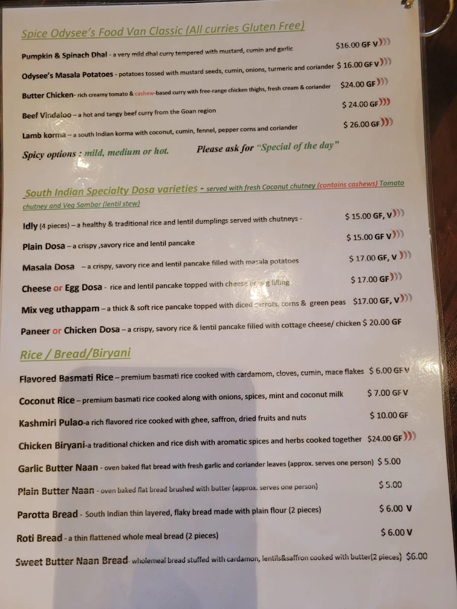 Menu, Spice Odysee - The Hidden Kitchen Indian Restaurant
