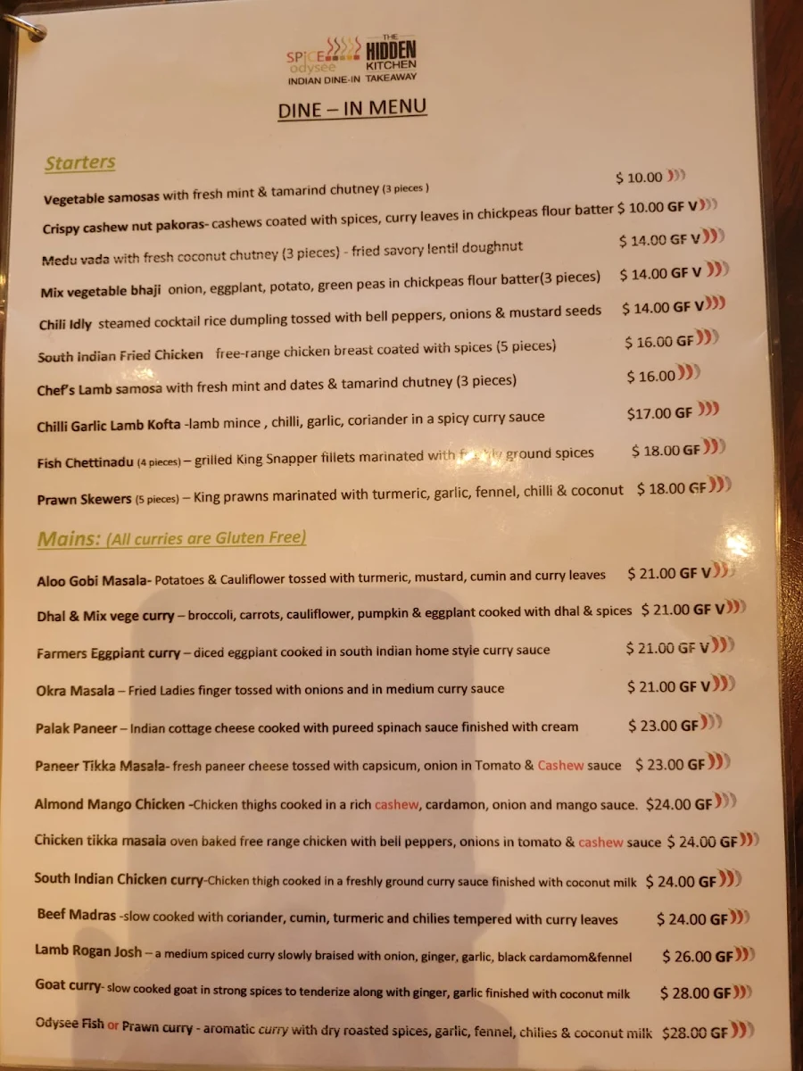 Menu, Spice Odysee - The Hidden Kitchen Indian Restaurant