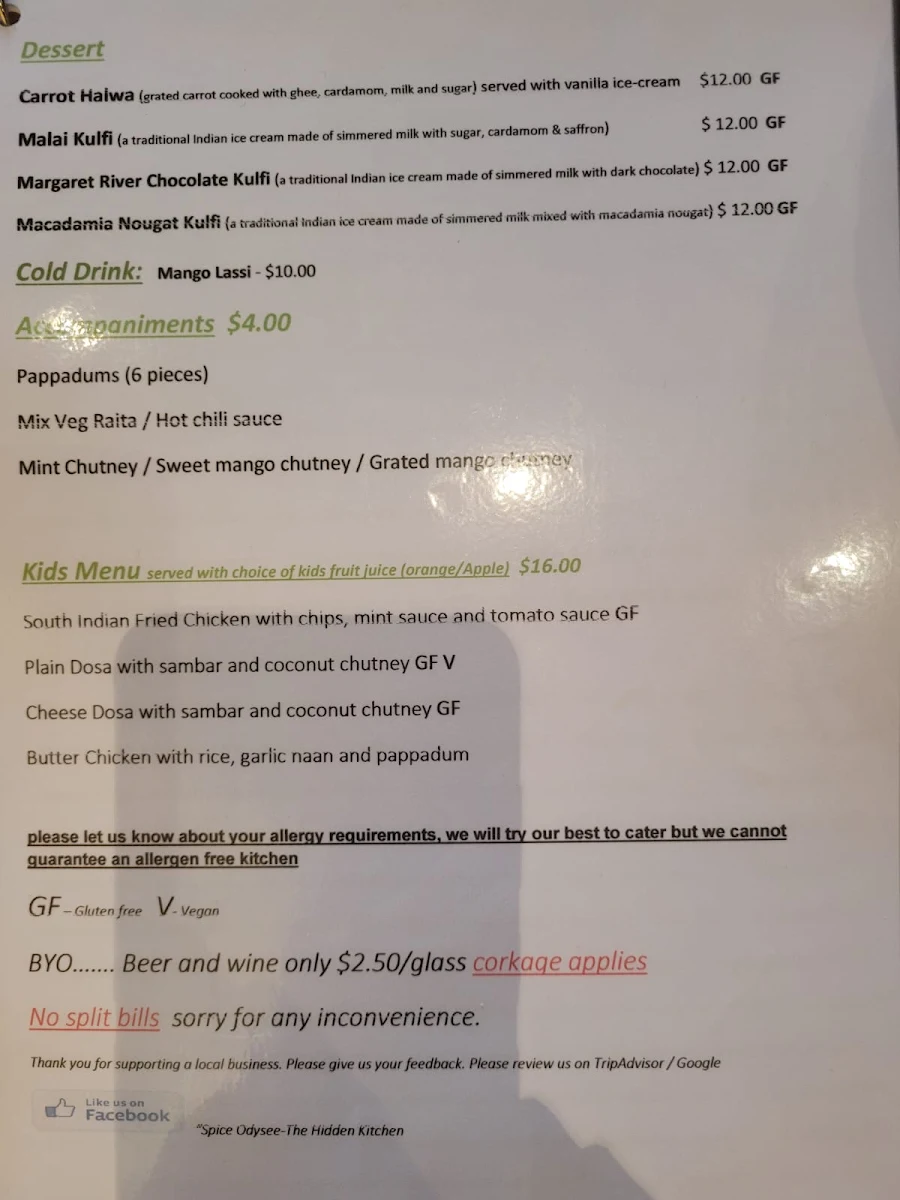 Menu, Spice Odysee - The Hidden Kitchen Indian Restaurant