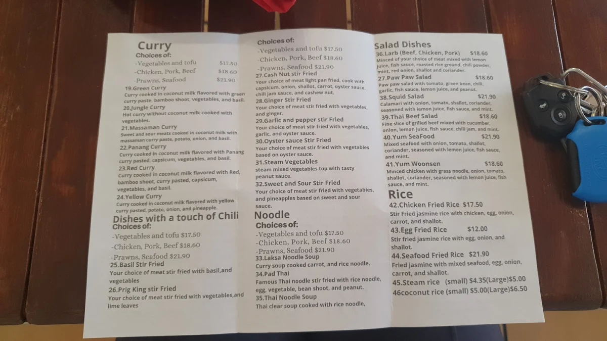 Menu, Aussie Thai Fusion