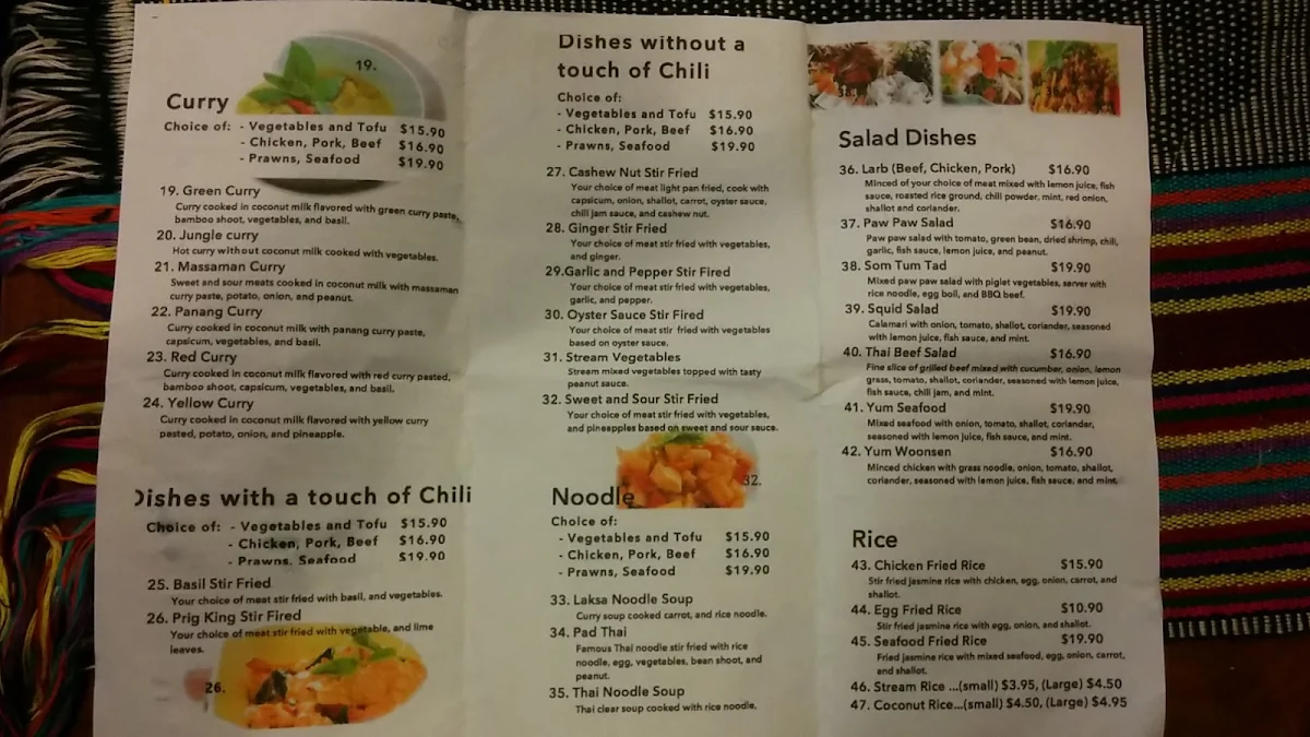 Menu, Aussie Thai Fusion