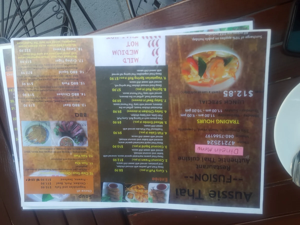 Menu, Aussie Thai Fusion