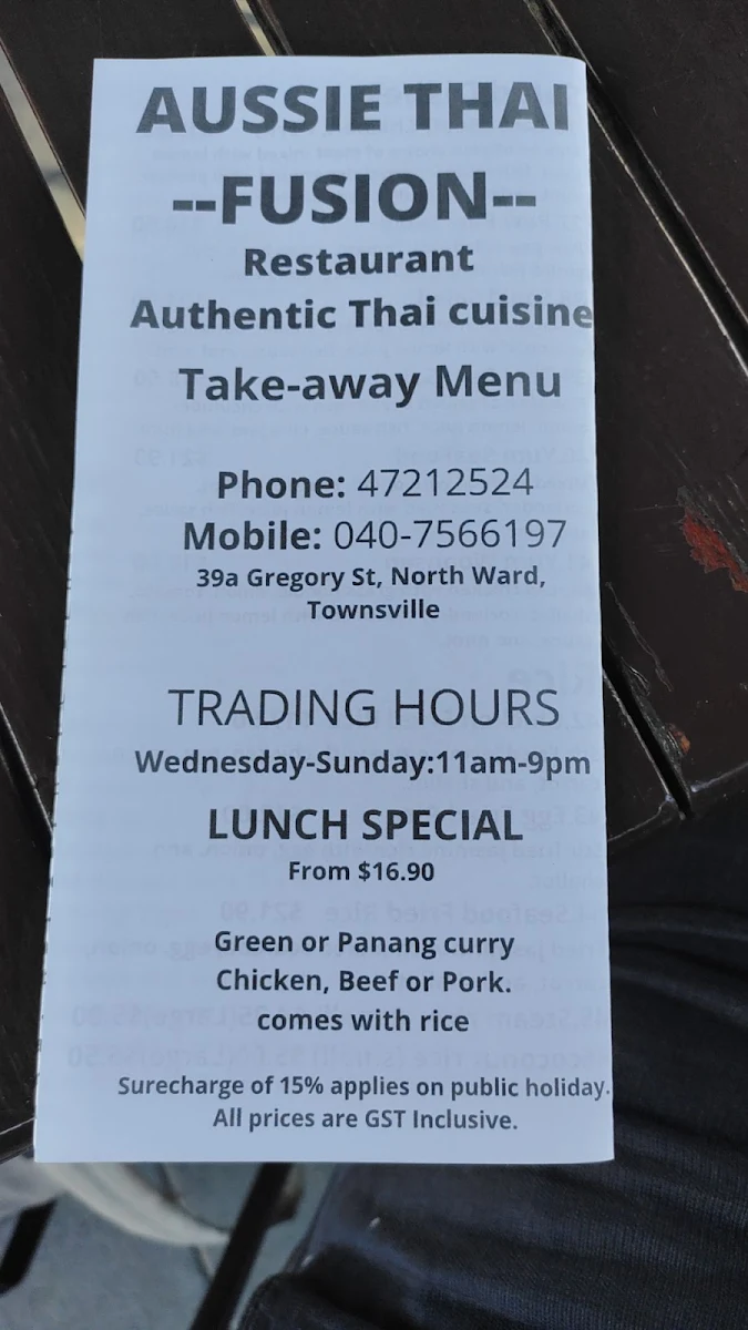 Menu, Aussie Thai Fusion