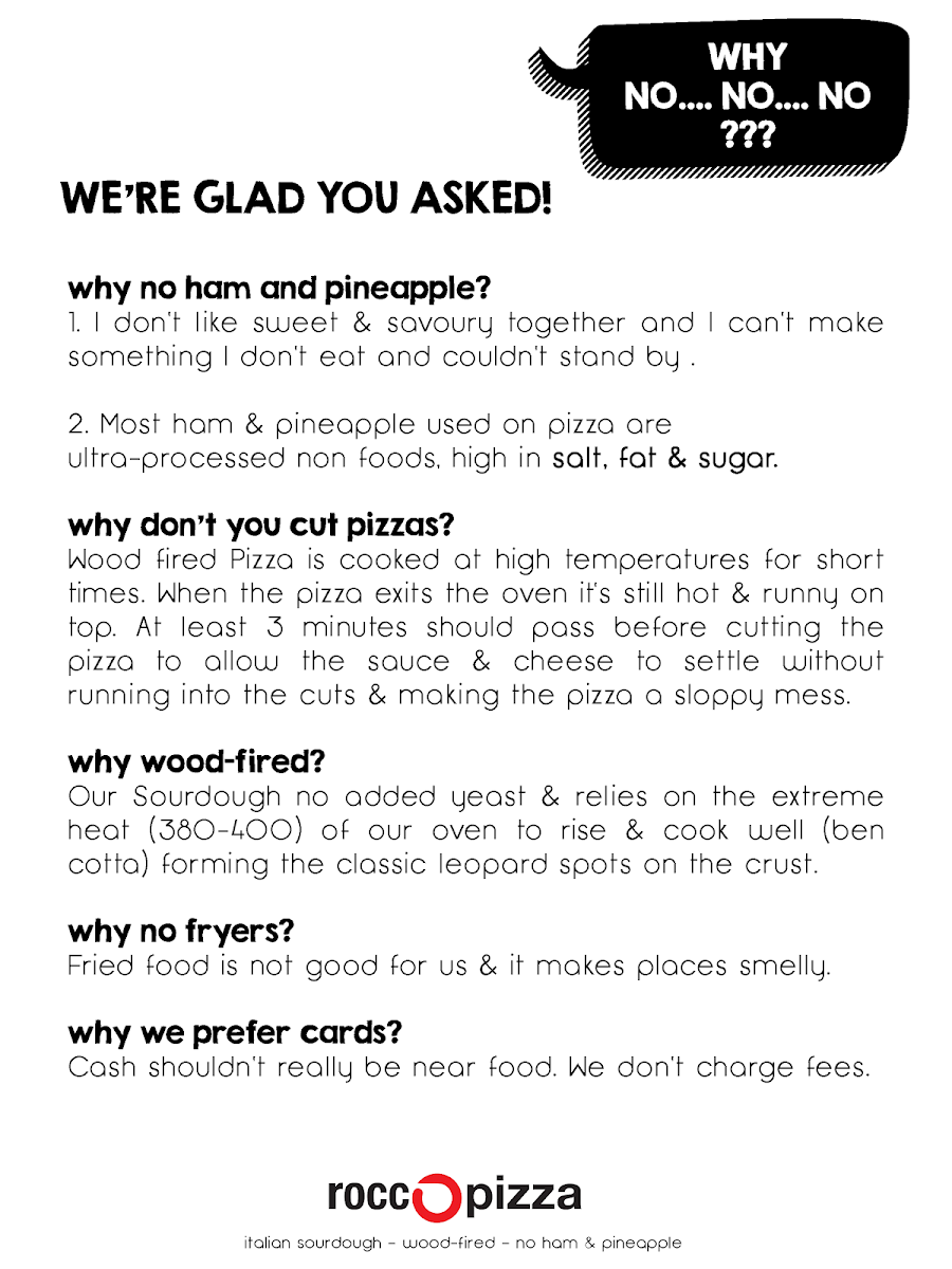 Menu, ROCCO'S - Wood Oven Sourdough Pizza on Grange
